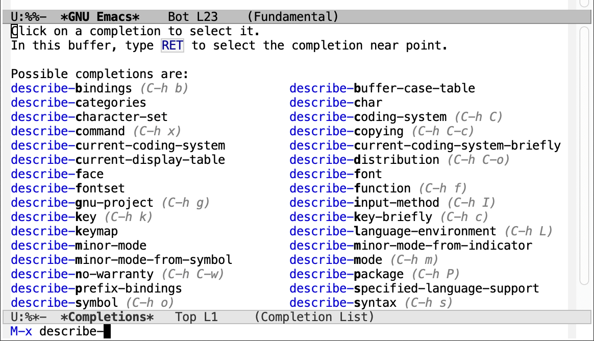 M-x describe-で補完しようとしたEmacs