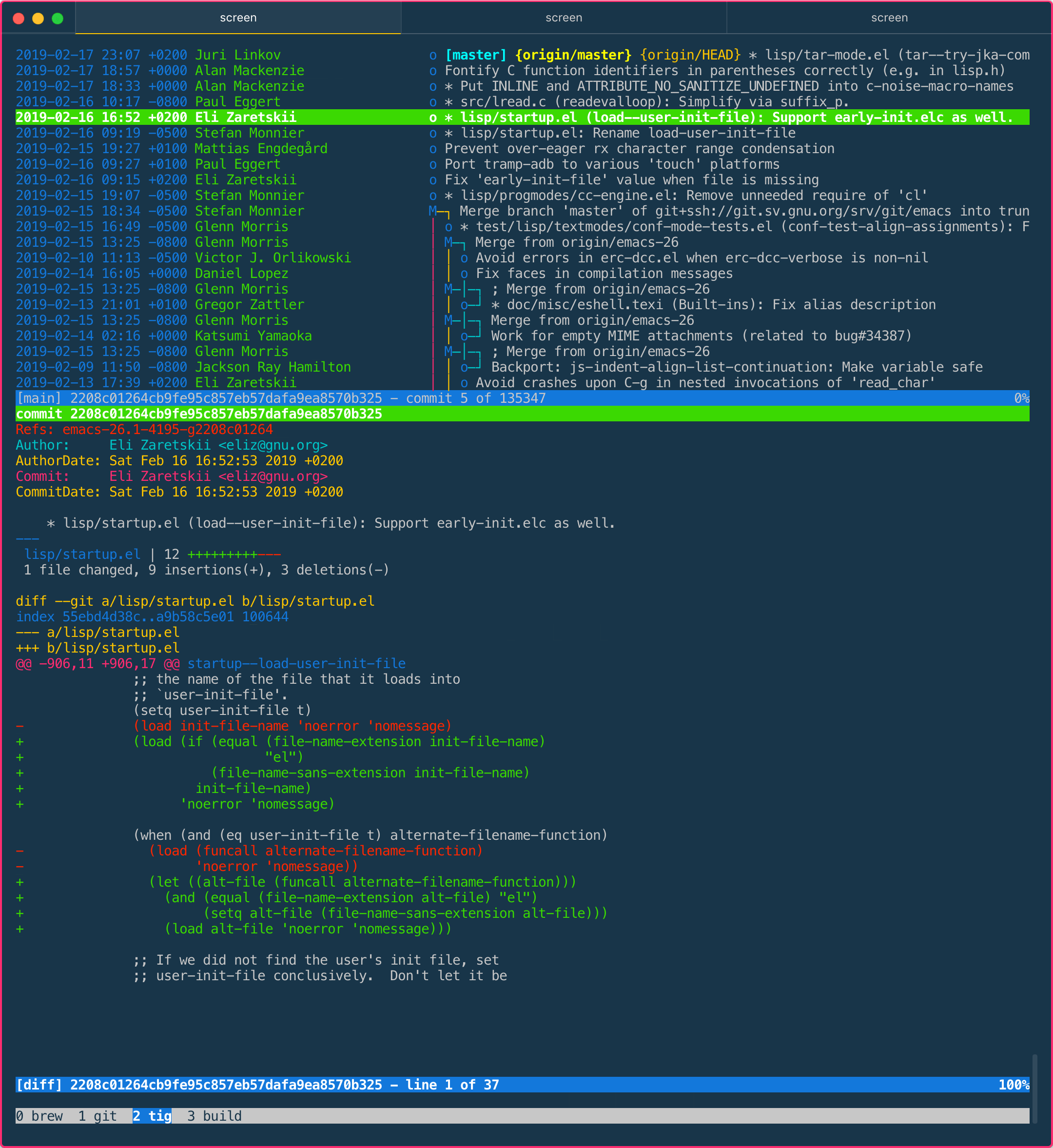 TigでEmacsのコミットを見る